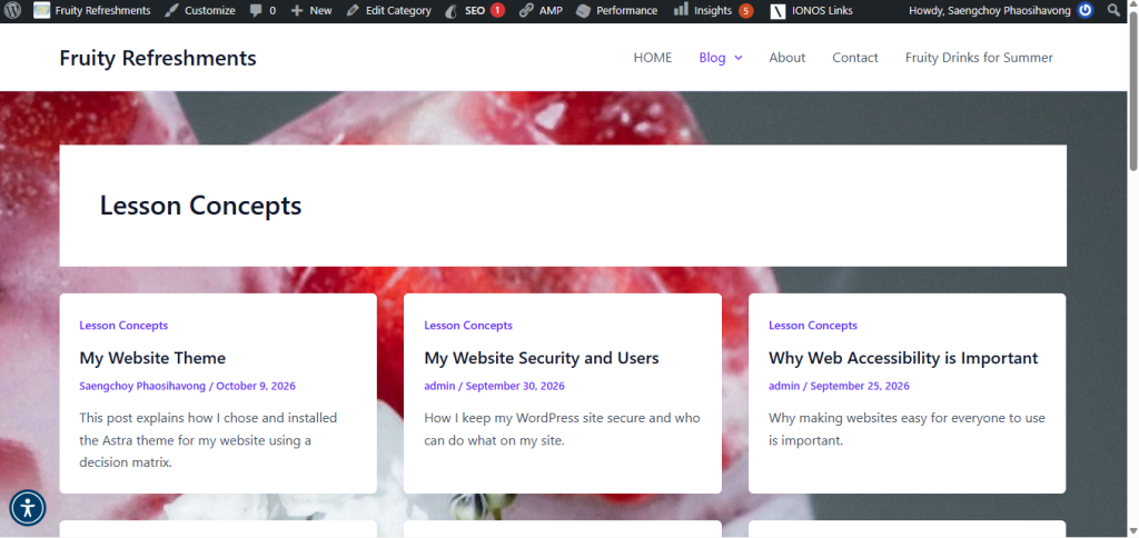 Screenshot of my website's new color palette and background image.